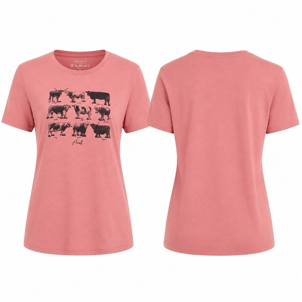 Ariat Women's Cow Chart Large T-Shirt Pink Relaxed Fit Short Sleeve NEW